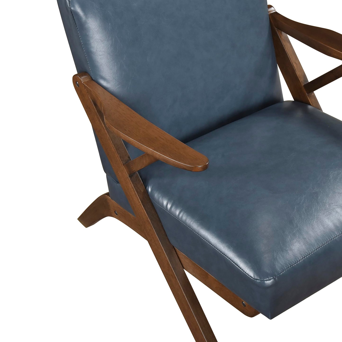 Lexicon Mid Century Modern Accent Chair, Faux Leather Upholstered Lounge Seat, Brown Finish Solid Wood Framed Comfy Side Chair for Living Room/Bedroom/Office/Waiting Area, Blue