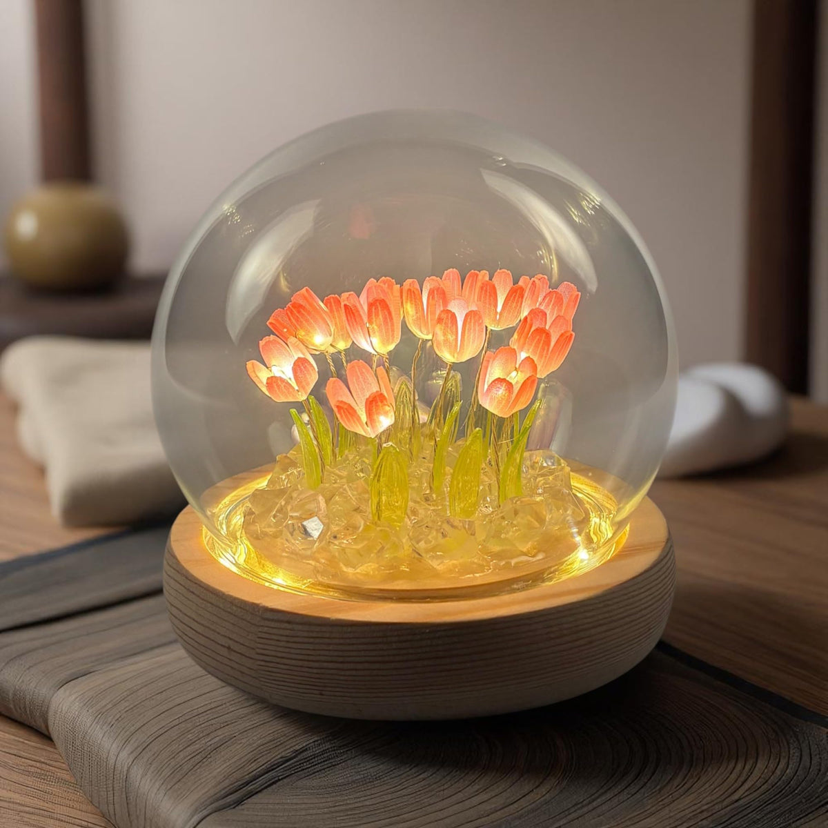 ALYMACK Tulip Lamp Glass Globe - Illuminated Flower Lamp with Glowing Blooms on Wooden Base - Battery-Powered Decorative Night Light for Bedroom, Living Room & Home Decor