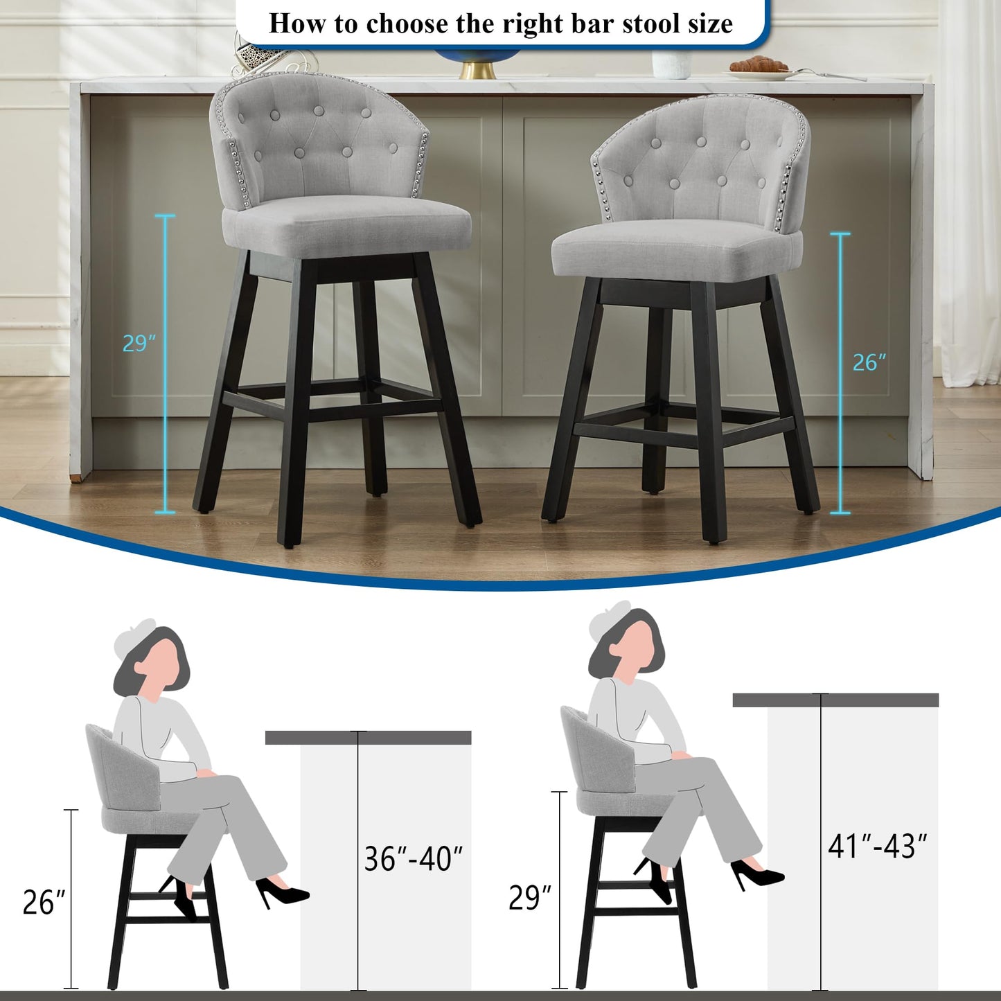 UDAX 29''Swivel Bar Stools Set of 2, Upholstered Barstools with Backs, Modern Counter Height Bar Stool Chairs for Kitchen Island, Wood Legs, Counter Stools