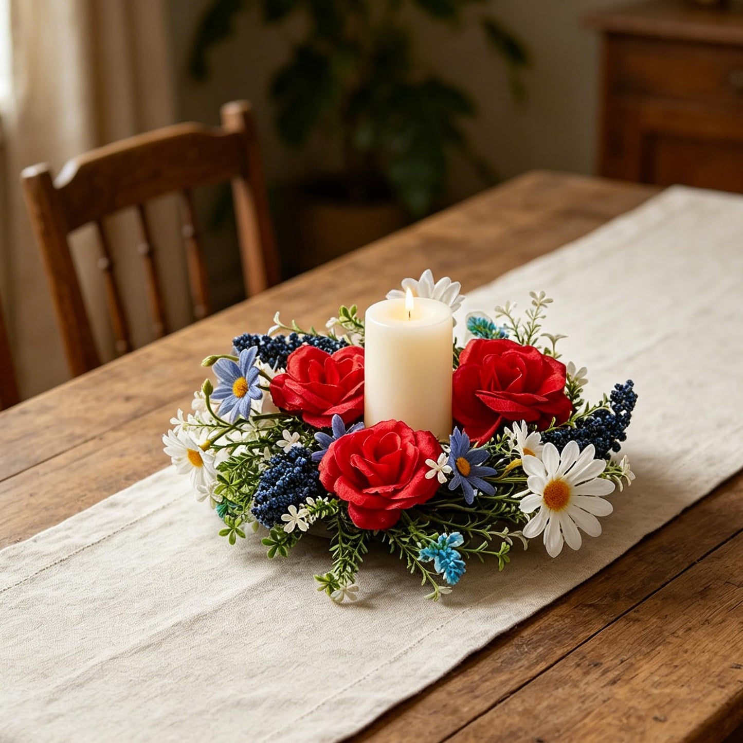 4th of July Candle Ring Wreath 6Pcs, 11.8 Inch Small Patriotic Wreath, Mini Artificial Rose Lavender Daisy Wreath, Tabletop/Candle Ring Decor for Home Front Door, Porch, Wall, Window, Cabinets