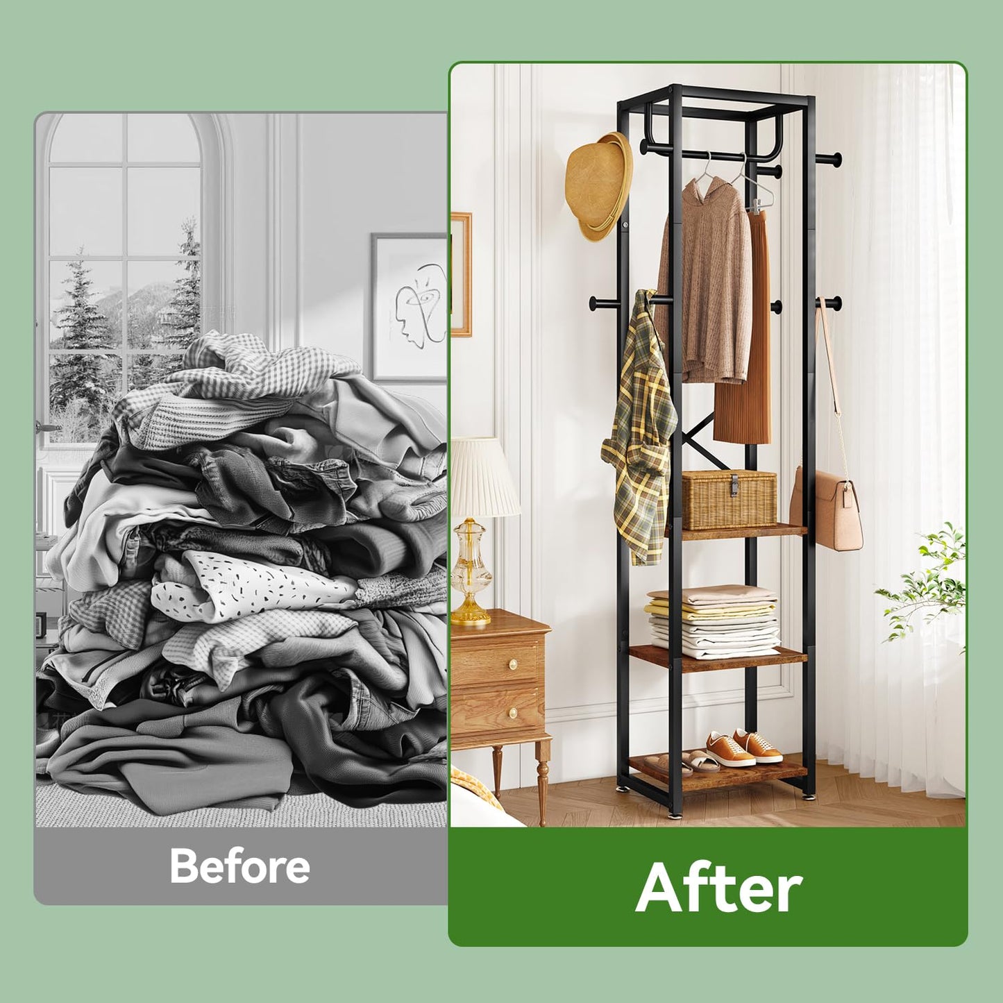 IBUYKE Coat Rack with Shelves, Freestanding Hall Tree with 3 Shelves and 8 Hooks, Industrial Clothes Stand for Entryway, Hallway, Bedroom, Rustic Brown UTMJ088H