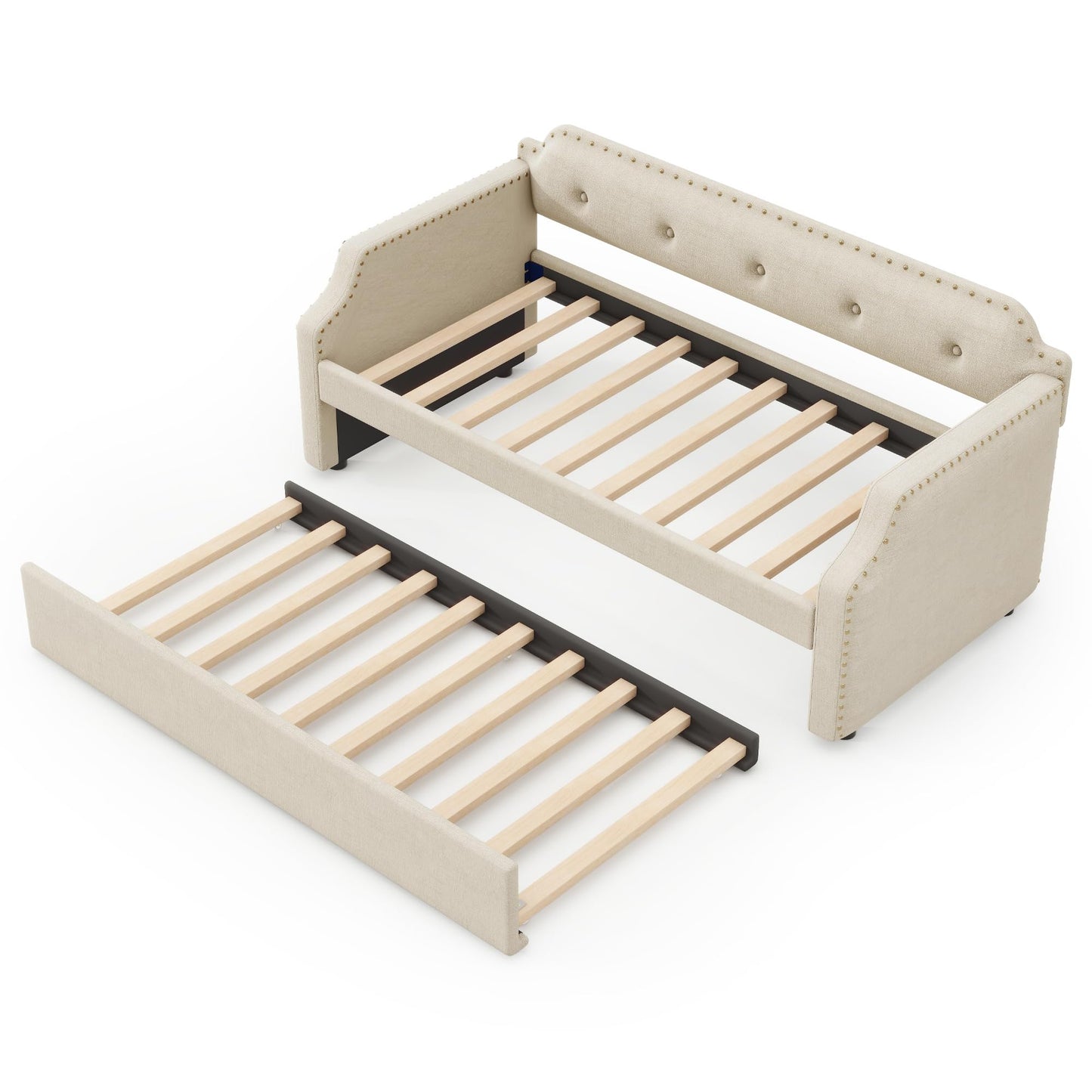 Upholstered Daybed with Trundle, Daybed Couch with Nailhead Decor and Button Tufted Design, Trundle Day Bed with Wood Slat Support, Mid Century Daybed for Living Room, Bedroom, Both Twin Size (Beige)