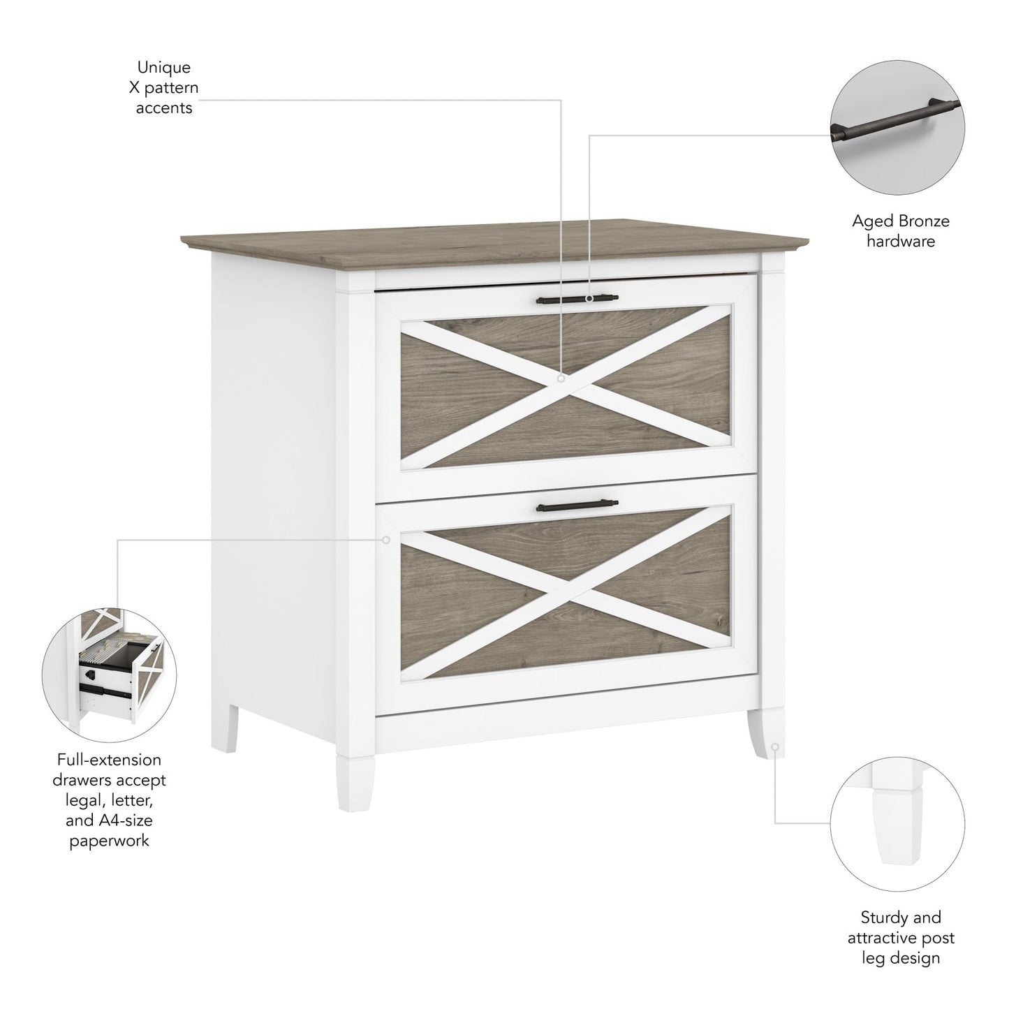 Bush Home Key West 2 Drawer Lateral File Cabinet in Pure White and Shiplap Gray, Document Storage for Home Office, Accent Chest with Drawers