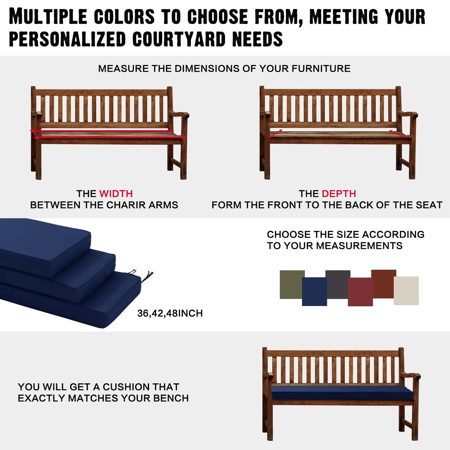 YIJIAN HOME Outdoor Bench Cushion 48x18 Inch Waterproof with Memory Foam,Patio Bench Cushions for Outdoor/Indoor Furniture Porch Swing Cushion with Handle and Adjustable Strap,Navy Bule