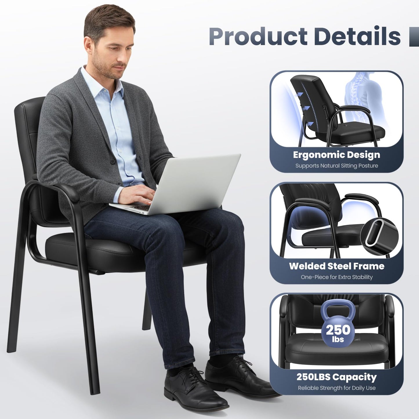 Modern Conference Room Chairs with Arms, PU Leather Padded Guest Chair with Welded Steel Frame, Ergonomic Office Reception Chair, 300LBS, Waterproof & Easy to Clean Black,Set of 8