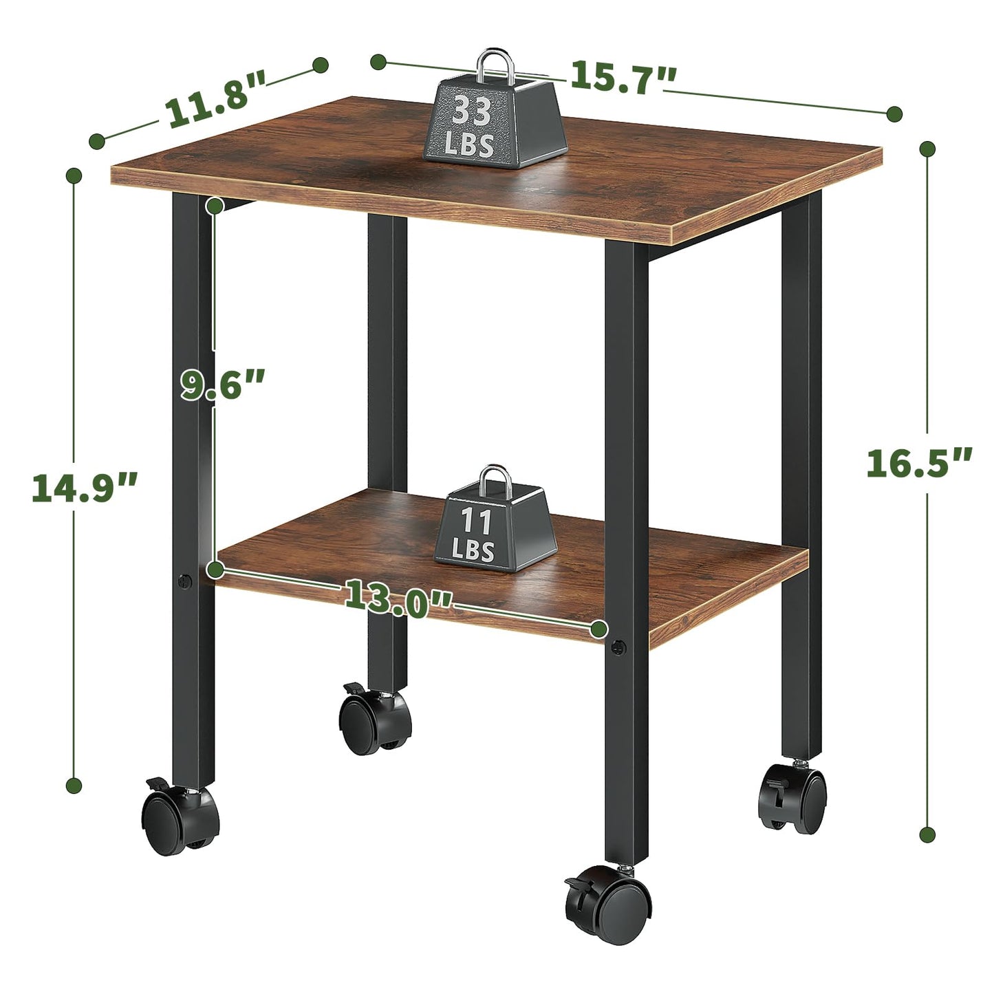 YQ JENMW 2 Tier Printer Stand with Storage, Under Desk Printer Table, Space-Saving Printer Table with Locking Wheels, Rolling Printer Cart for Home Office, Rustic Brown