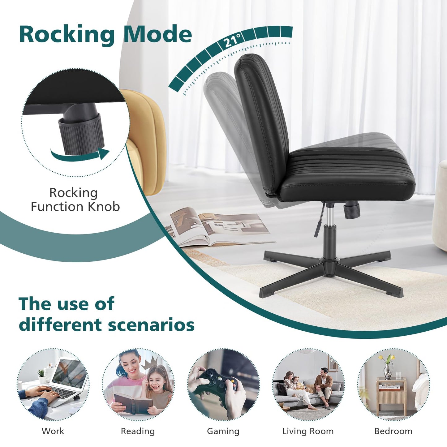 OLIXIS Criss Cross Legged Chairs No Wheels, Wide Seat Height Adjustable Swivel Chair,Padded PU Leather Armless Desk Chair for Home Office Bedroom, Student, Study Room,Black-Pu