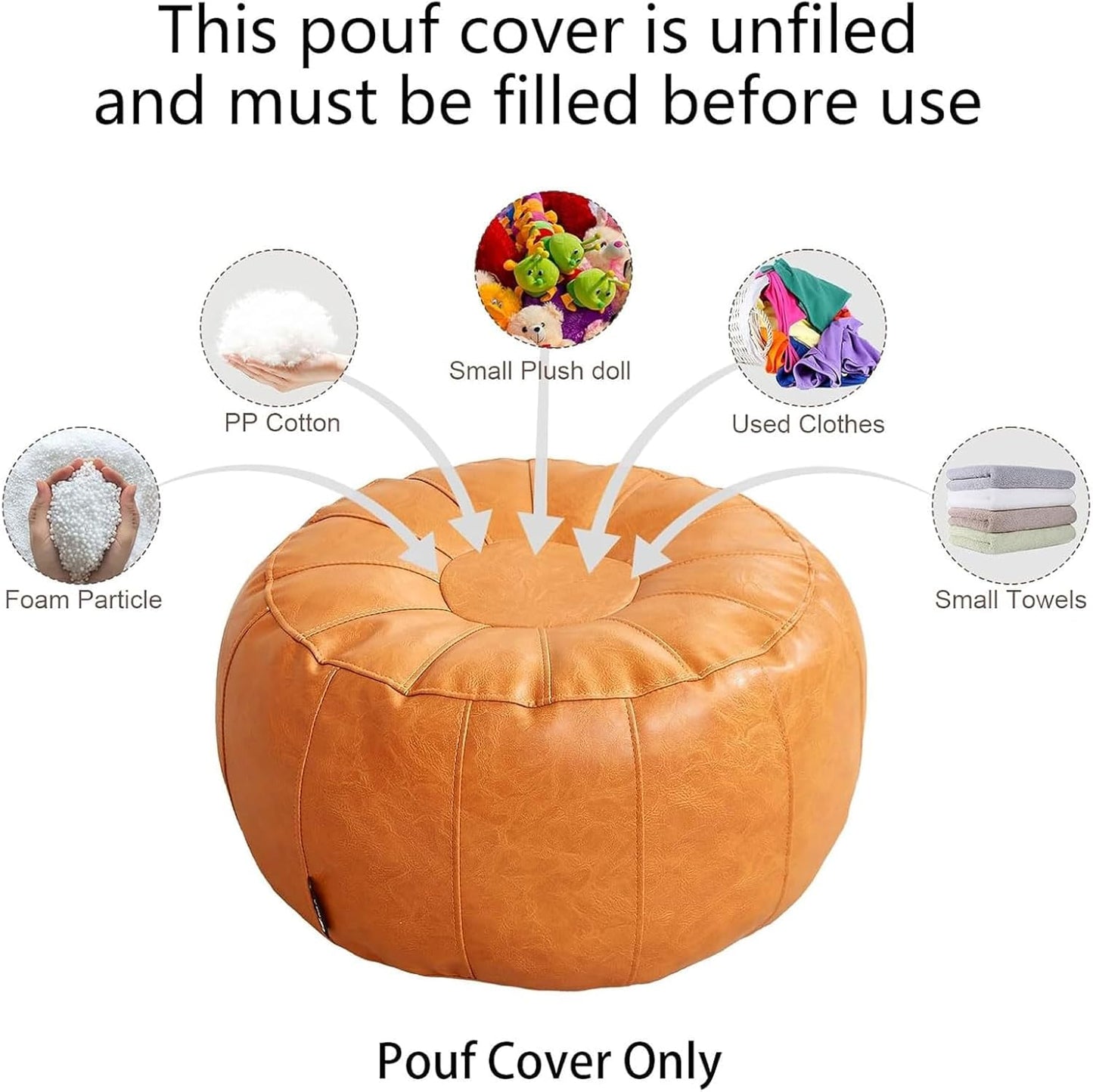 Louis Donné Unstuffed Pouf Ottoman Foot Rest Cover, Waterproof Faux Leather DIY Small Bean Bag Cover, Pet Friendly Easy Clean Storage Floor Chair for Reading & Relaxing, Orange (Cover Only)