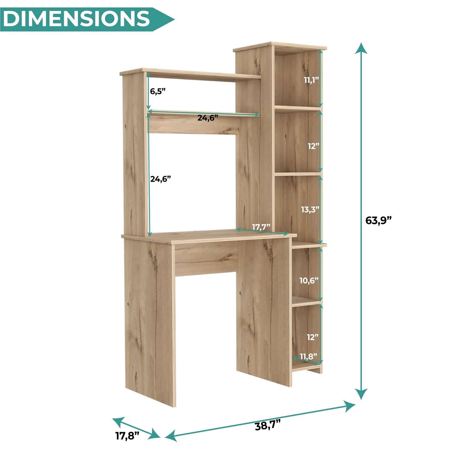 Tuhome Versalles Writing Desk with Two Superior Shelves, Five Side Open Storage Compartments, Space-Saving Modern Workstation Design for Studios and Offices, Ideal for Organization, Books