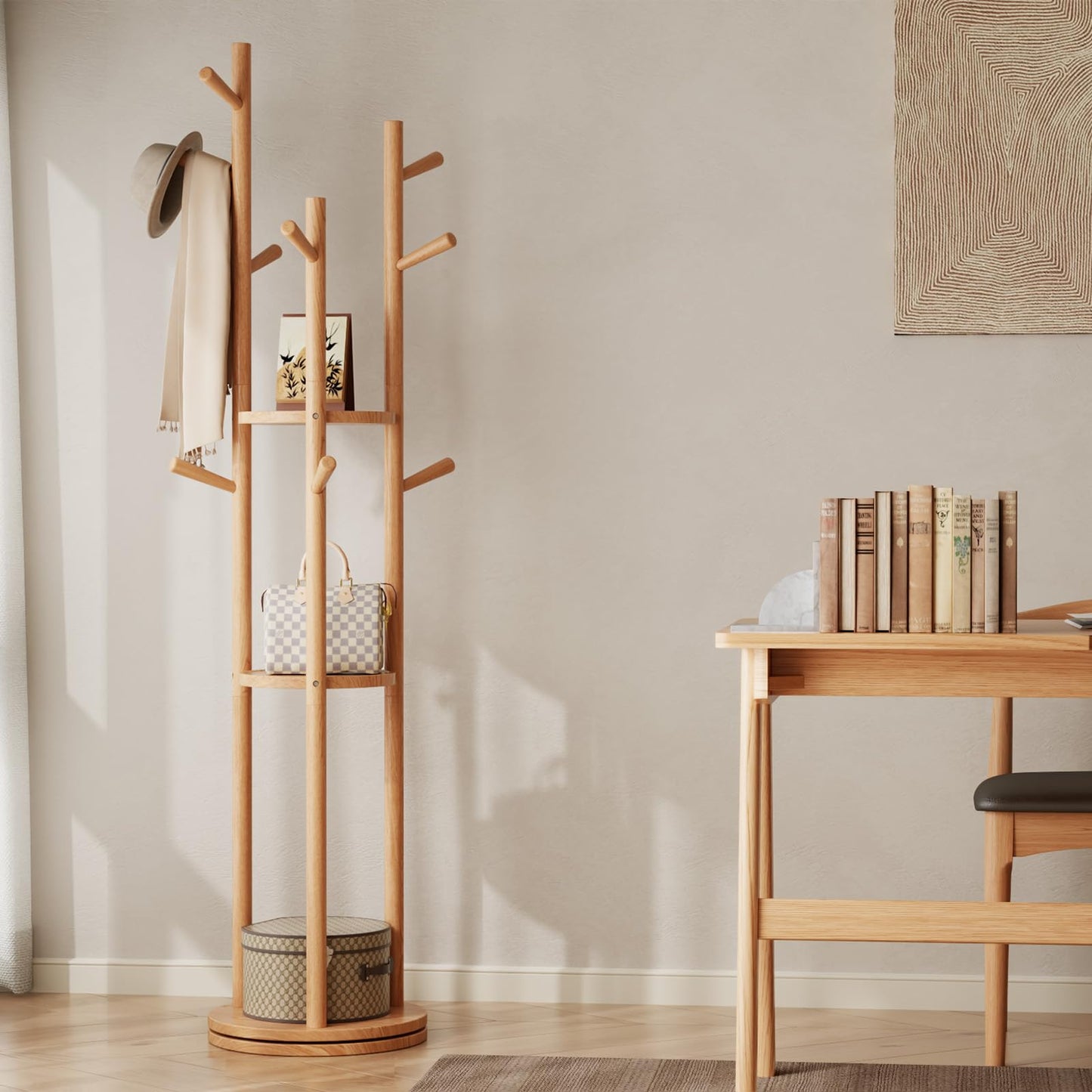 Muwuele Solid Wood Rotary Coat Rack, Freestanding Coat Rack with 3 Shelves and 9 Hooks, Coat tree for Bedroom, Entryway, Livingroom, Coat Hanger Stand for Coats, Scarves, Handbags (Natural)