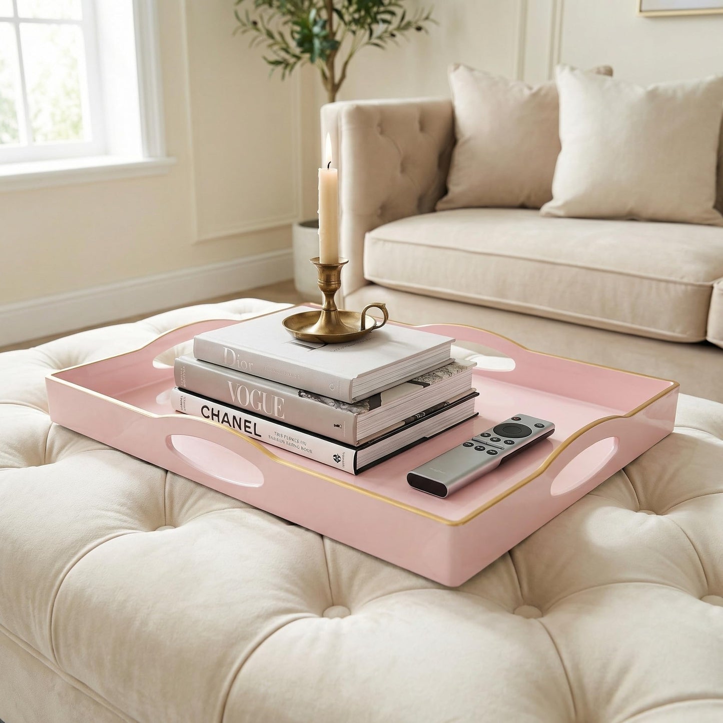 Umisriro Pink Serving Tray with 4 Handles, Plastic Decorative Tray for Coffee Table, Ottoman - Ideal for Living Room & Bathroom. 15” x 11” x 1.9”
