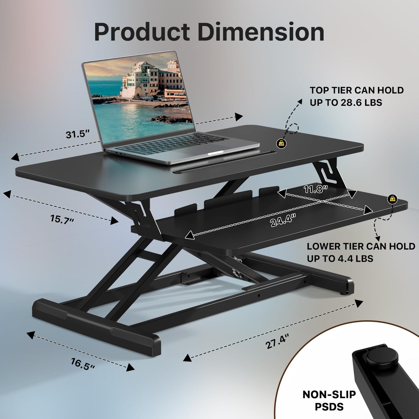 JOY worker Standing Desk Converter, 32" Wide Height Adjustable Sit Stand Up Desk Riser with Keyboard Tray, Desktop Workstation Riser for Home Office Computer Laptop, Particle Board, Black