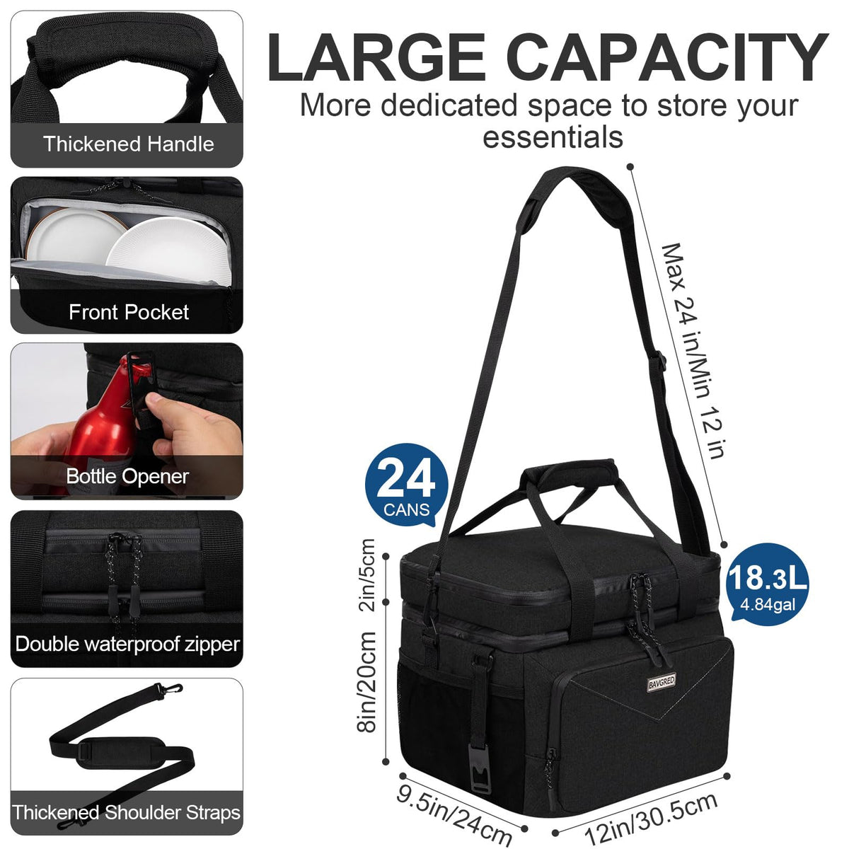 BAVGRED Insulated Lunch Box for Adults, 24 Cans Large Cooler Bag with Double Deck, Leakproof Waterproof Lunch Bag with Adjustable Strap for Work Office Picnic Beach
