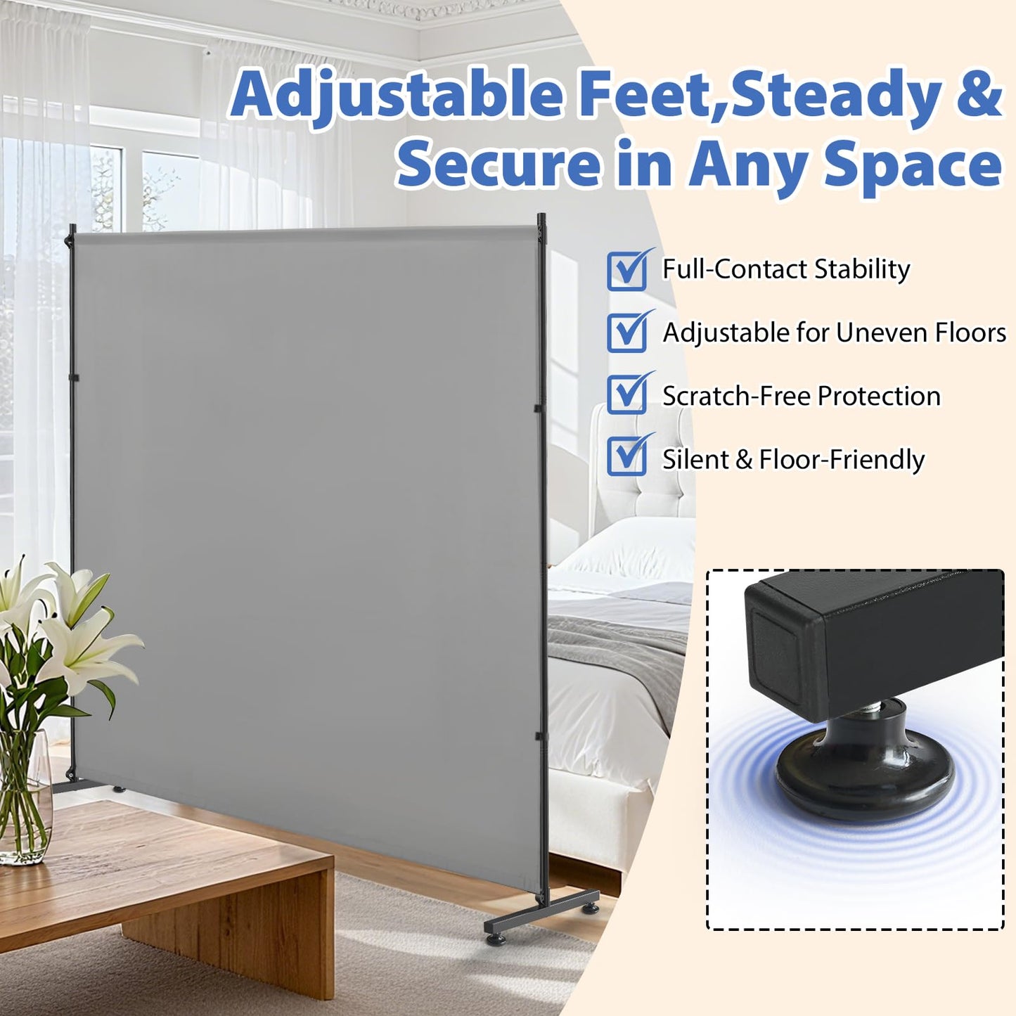 Room Divider, 73x75inch Large Privacy Screen with Adjustable Feet,Portable Single Panel Partition Wall for Room Separation,Room Separator with Thickened Fabric for Indoor Office,Bedroom,Outdoor Patio
