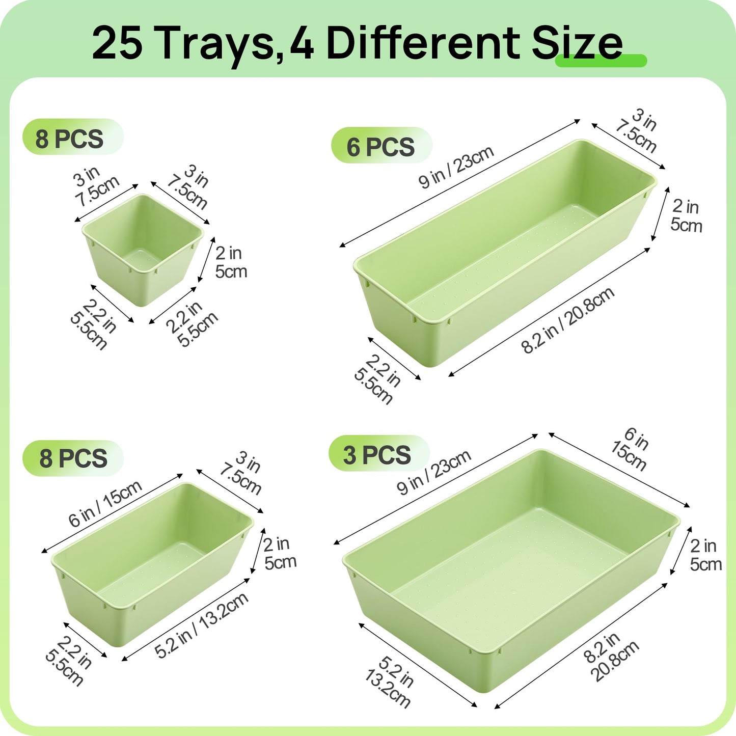 Vtopmart 25 PCS Plastic Drawer Organizers Set, 4-Size Versatile Bathroom and Vanity Drawer Organizer Trays, Storage Bins for Makeup, Bedroom, Kitchen Gadgets Utensils and Office, Light Green