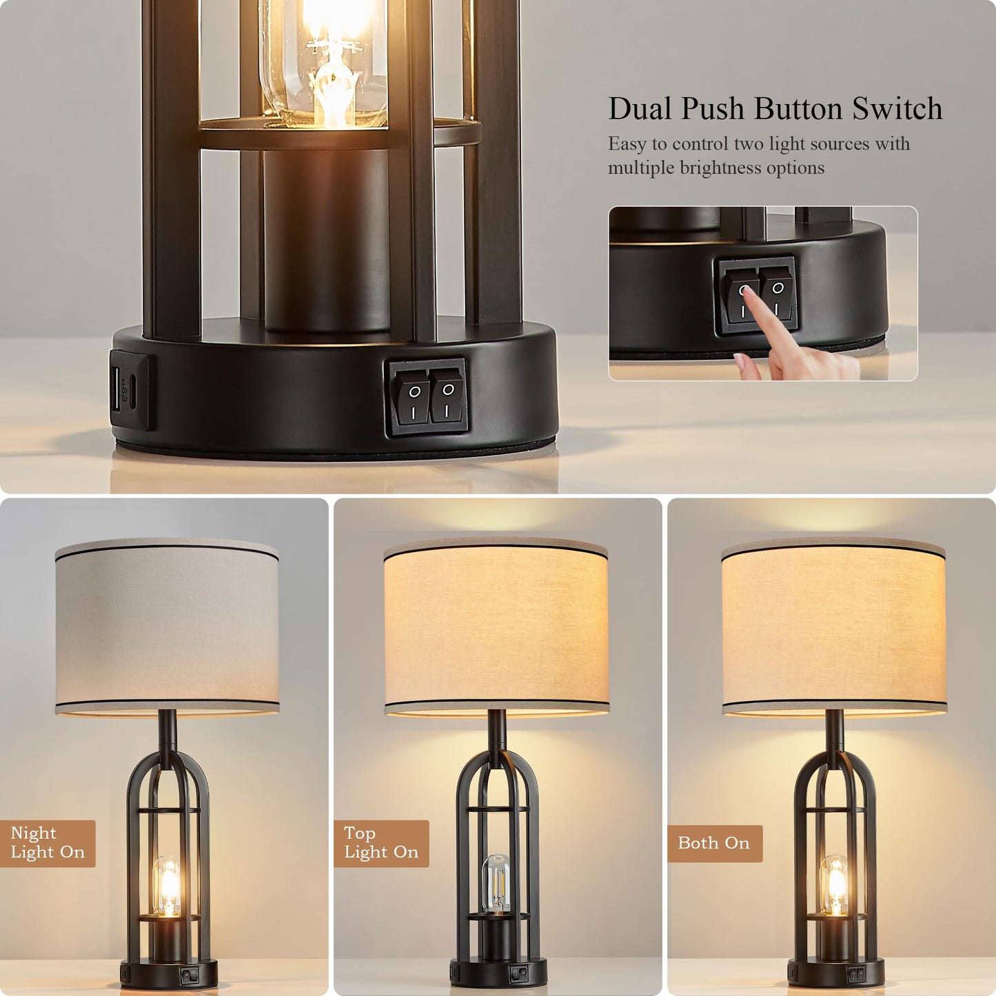 SRJJA Black Table Lamps for Living Room Set of 2 - Farmhouse Industrial Lamps for Night Stands with Night Light & USB A+C, 24" Rustic Bedside Lamp for Bedroom, Bulbs Included
