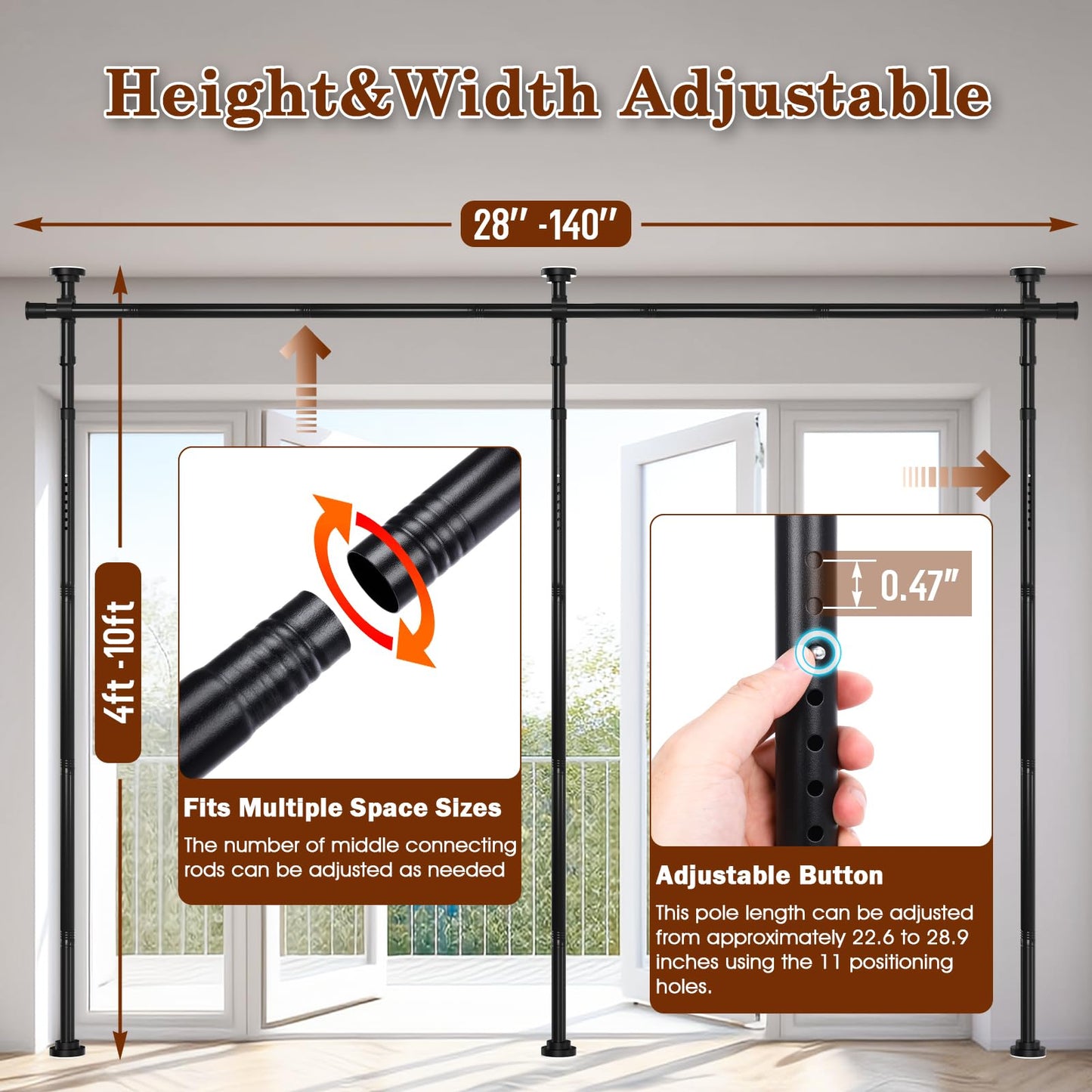 Fazlino Room Divider No Drilling, 28-140 Inch Wide Adjustable Curtain Rod, 4-10ft Height Heavy Duty Partition Space Separator, Freestanding Tension Rod for Room Separation, Black