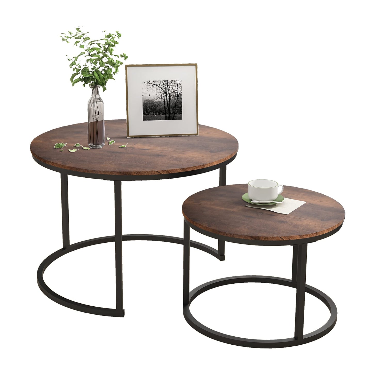 HOJINLINERO Round Coffee Table,Nesting Coffee Table Set of 2,Center Tables for Living Room,Office, Home Small Space,Stacking Side Tables,Sturdy and Easy Assembly,Wood Desktop,Brown,Large