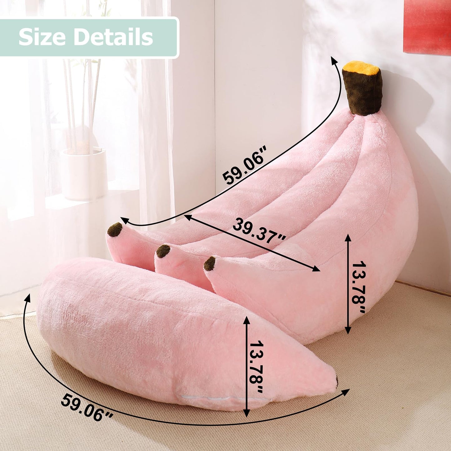 IEVENW Banana Bean Bag Chair with Ottoman, Floor Sofa Bed with Footrest, Comfy Convertible Lounger for Adults, Plush Couch for Bedroom, Living Room or Dorm, L-Pink