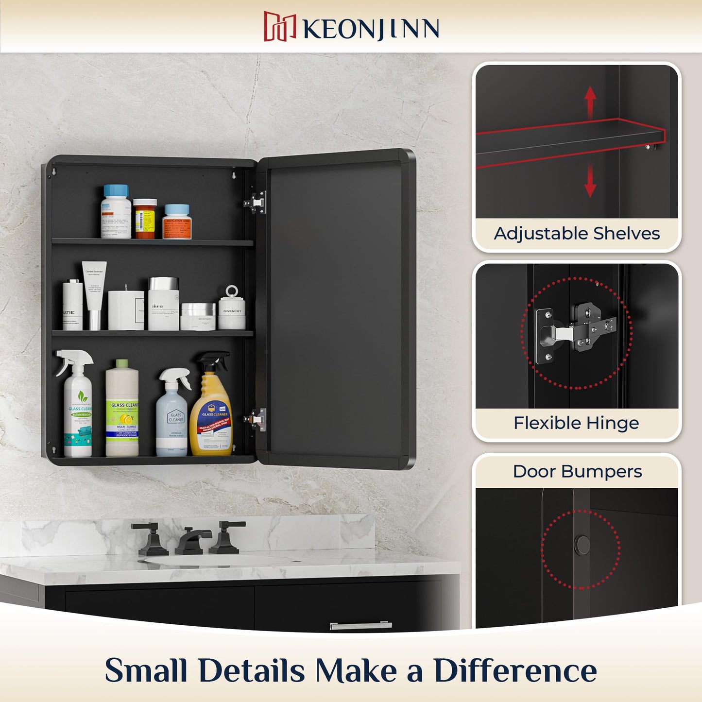 Keonjinn Black Medicine Cabinet 16 x 24 Inch, Bathroom Medicine Cabinet with Mirror, Heavy & Solid Stainless Steel Framed, Adjustable Shelves, Recessed or Wall Mount, Bathroom Mirror with Storage