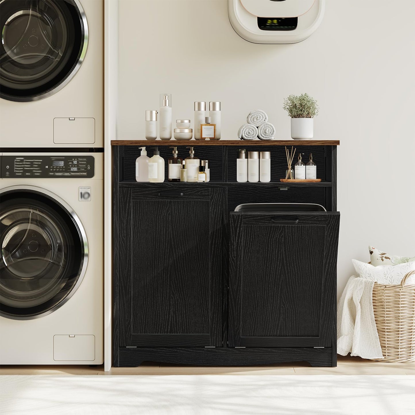 HOOBRO Double Tilt Out Trash Can Cabinet, 20 Gallon Kitchen Trash Bin Cabinet, Hidden Trash Storage with Open Compartments, Hidden Laundry Hamper, for Kitchen, Laundry, Black and Walnut BH04LJ01
