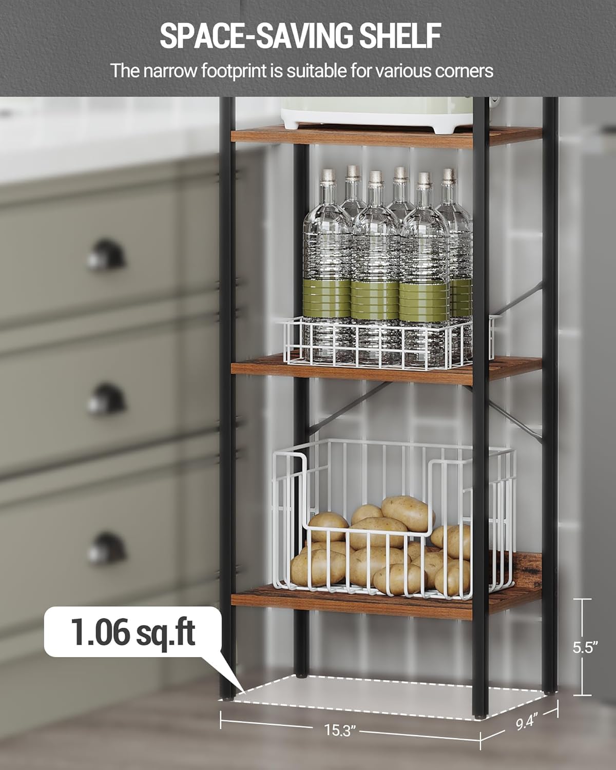 Hzuaneri Bookshelf, Book Shelf, Industrial Bookcase with 2 Hooks, Coner Shelf Storage Organizer for Home Office, Living Room, Bedroom, Kitchen, 5-Tier Rustic Brown BC10501B