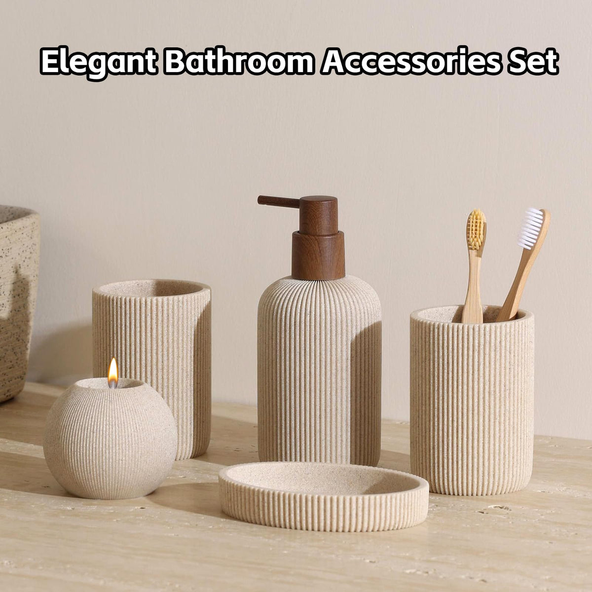 WUUAHOME Bathroom Accessories Set, 5 PCS Sandstone Look Stripe Modern Bath Organizer with Soap Dispenser, Toothbrush Holder, Tumbler, Soap Dish, Candle Holder for Countertop Kitchen Sink (Beige)