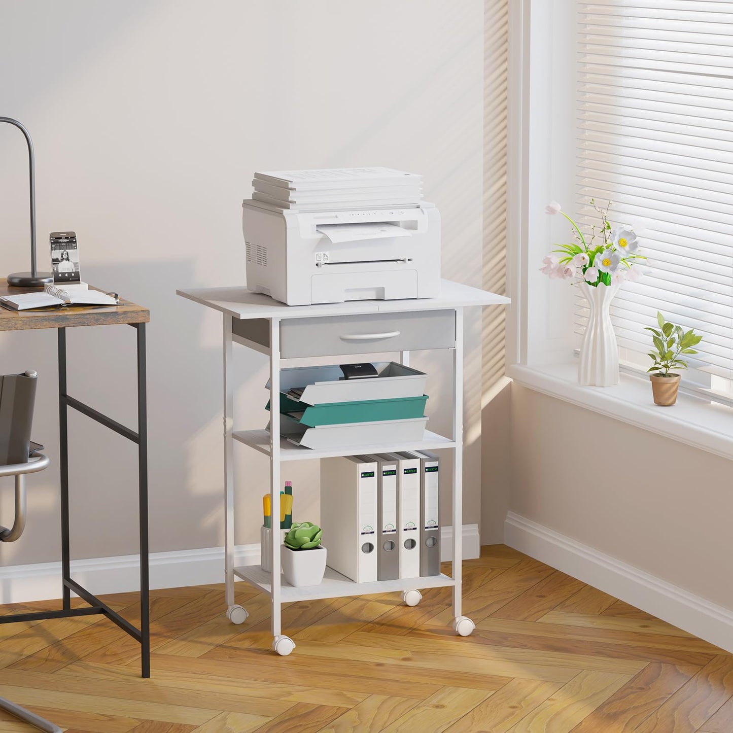 Arbuxzuy 3-Tier Printer Stand, Printer Table with Fabric Drawer, Industrial Printer Storage Cart with Wheels, Rolling Printer Stand for Heat Press Scanner Fax, White