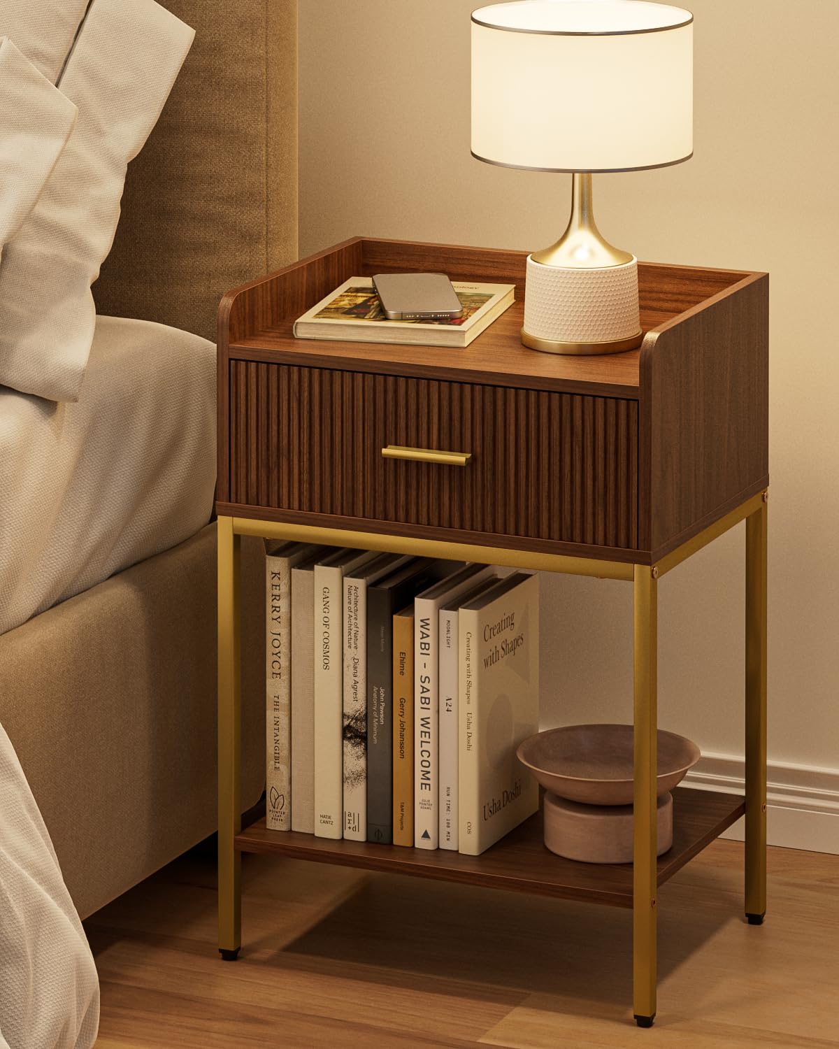 Apetaccat Nightstand, 3-Tier Bed Side Table, Small End Table, Night Stand with Open Shelf and Drawer, Bedside Table for Bedroom, Living Room, Walnut