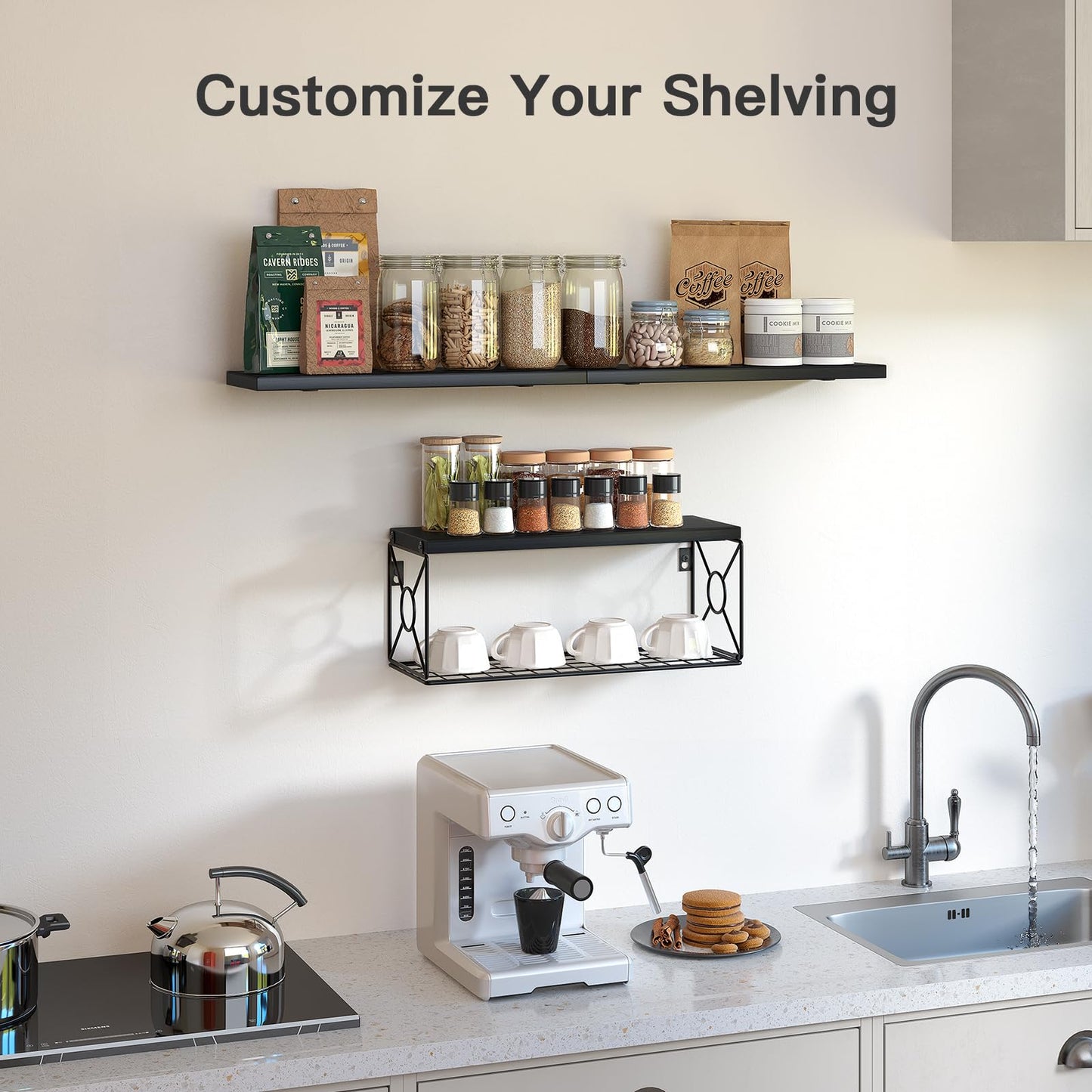 Amada Bathroom Shelves Over Toilet with Storage Basket, Floating Wall Shelf for Home Organization & Wall Decor, Bathroom/Kitchen/Living Room Shelves–Black