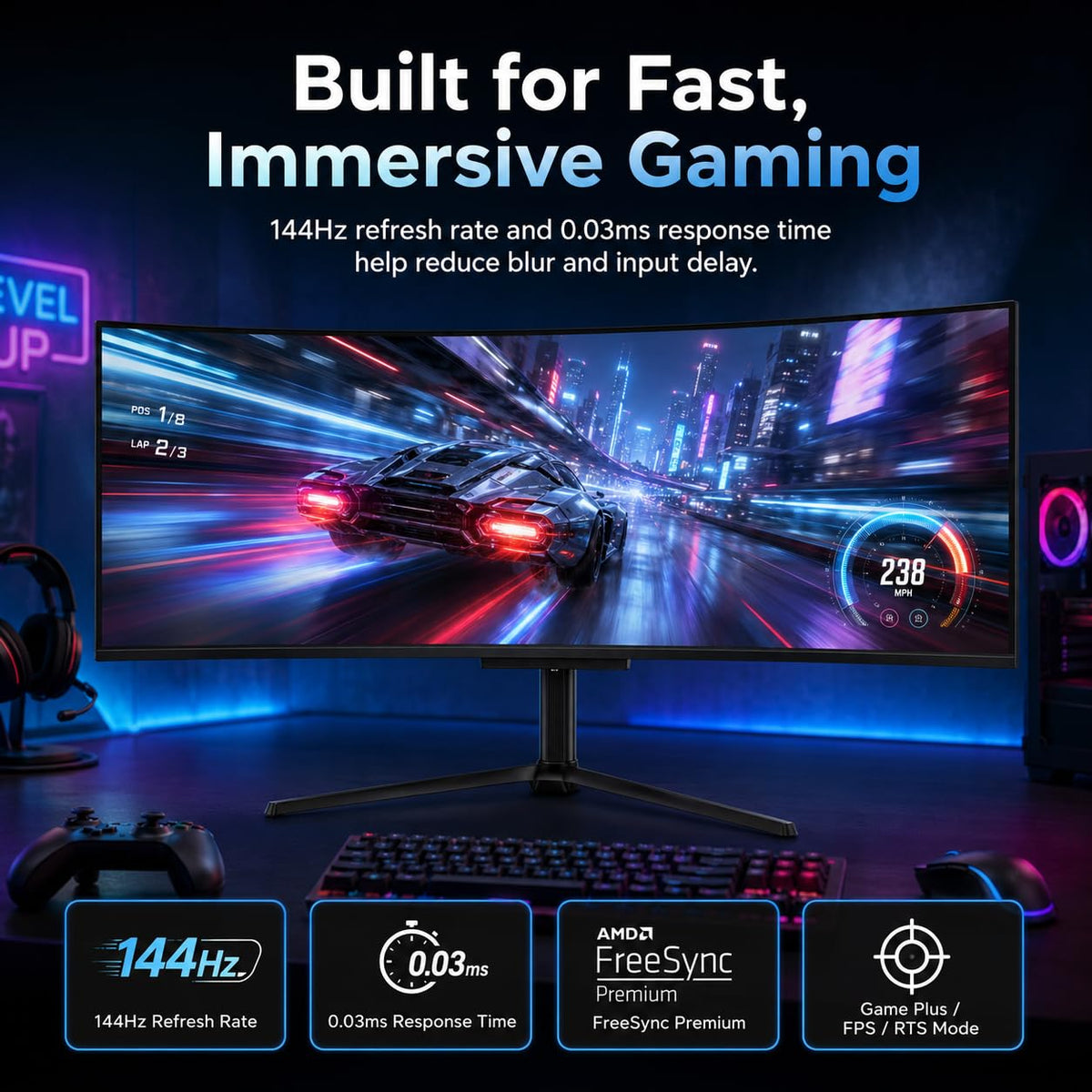 Deco Gear OLED 49 Inch Curved Monitor, 5K2K 5120×1440 Ultrawide Dual QHD, 144HZ, 0.03ms, 32:9 HDR400, Adaptive Sync, R1800 Premium 100% sRGB 90W USB-C, Built-in Speakers Height Adjustable Stand