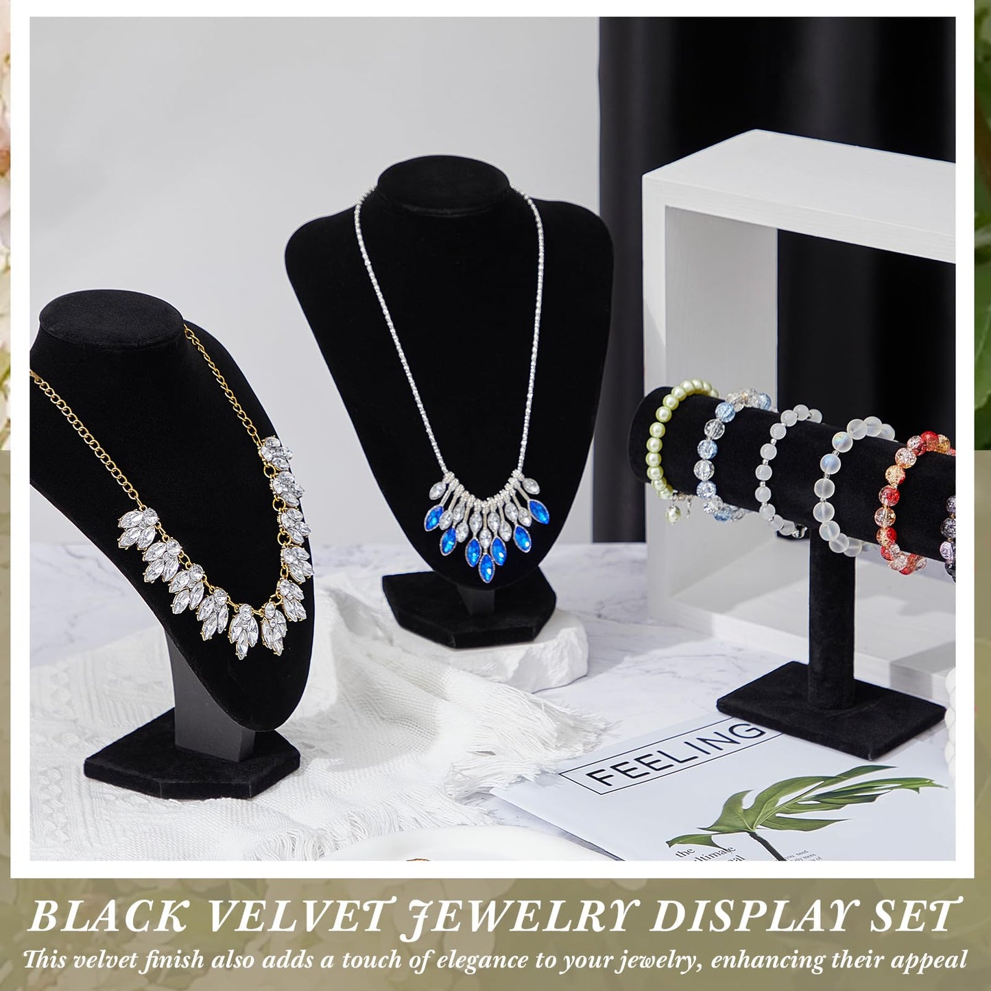 Huquary 6 Pcs Velvet Jewelry Display Set Necklace Display Stand T Bar Bracelet Holder Jewelry Bust for Home Store Trade Show (Black)
