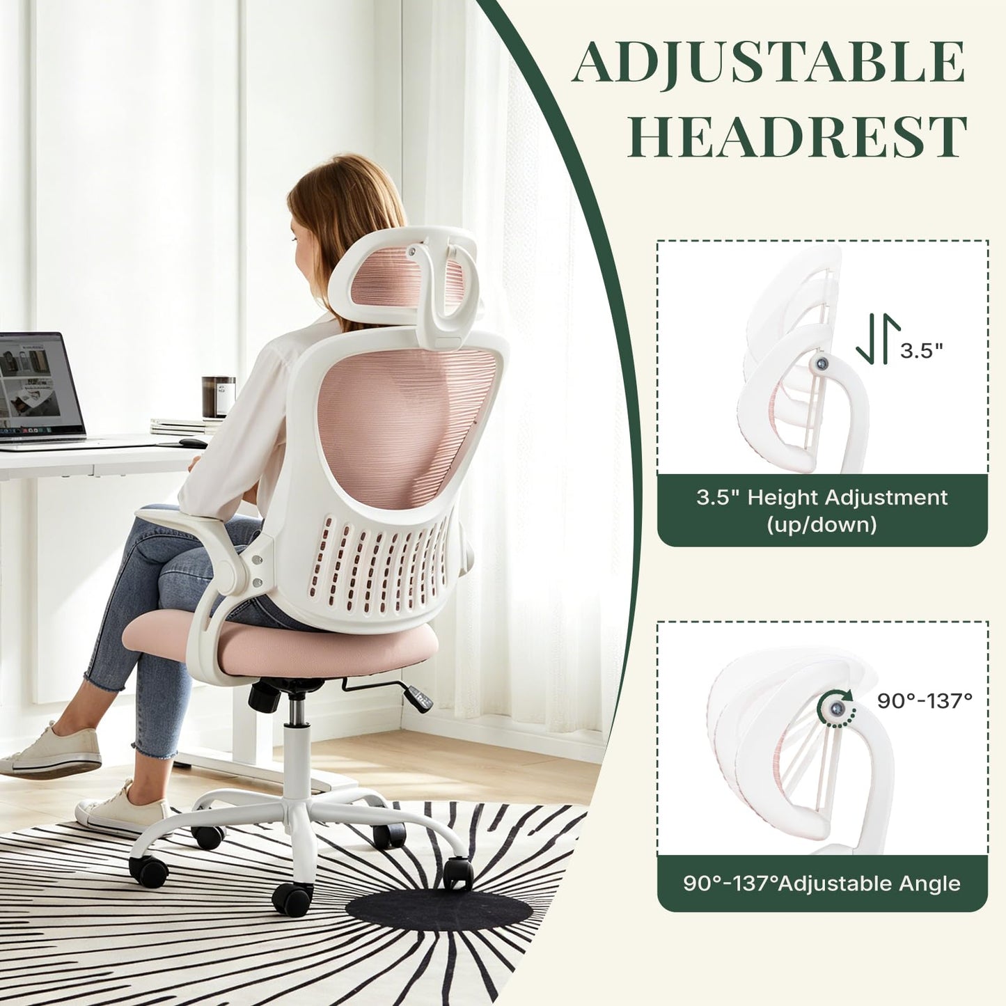 HAPPYMONT Ergonomic Office Chair, Comfy Desk Chair with Wheels, Adjustable Headrests, Flip-Up Armrests, Breathable Mesh High-Back, Comfortable Swivel Seating for Home Computer, Pink