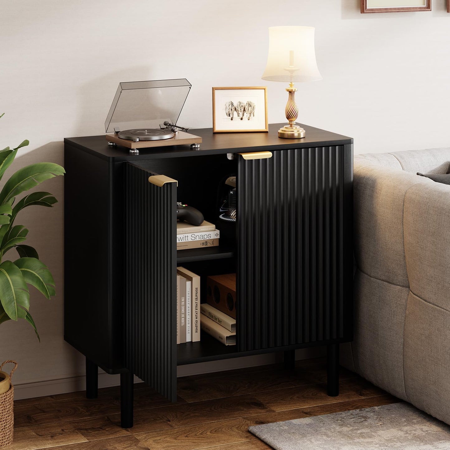 IKALIFE Sideboard Buffet Cabinet with Storage, Modern Fluted Accent Credenza with Doors & Adjustable Shelves, Wood Coffee Bar Console Table for Living Room, Dining Room, Kitchen Entryway 31.5" Black