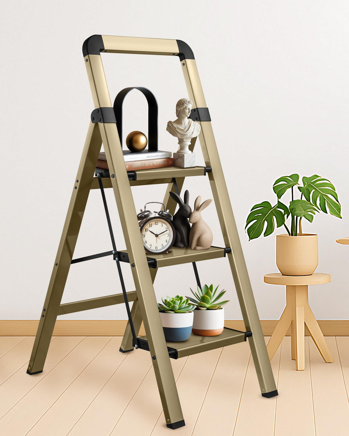 BIBKOKE Step Ladder 4-Step Champagne Gold Finish Aluminum Folding Step Ladders,Anti-Slip Max 330 lbs