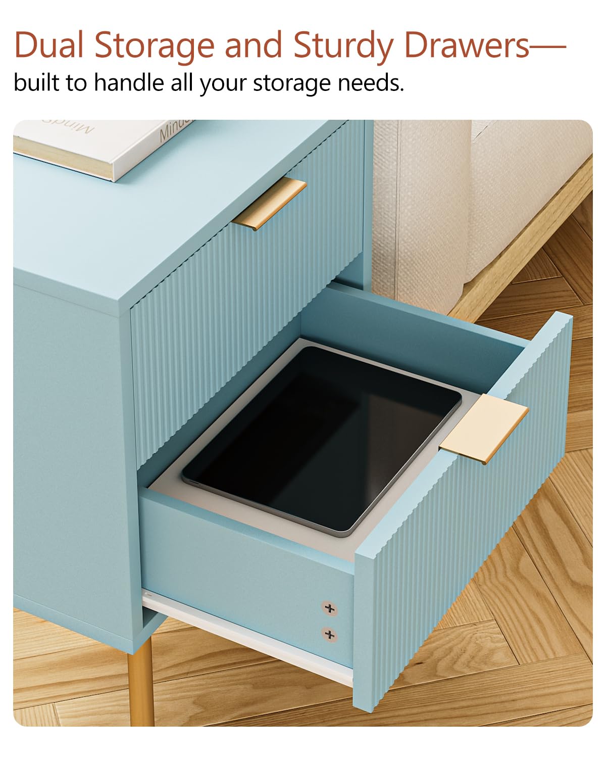 Masupu Night Stand,Mid-Century Modern Bedside Table with 2 Storage Drawer,Small Gold Frame Side End Table for Bedroom,Living Room, Blue