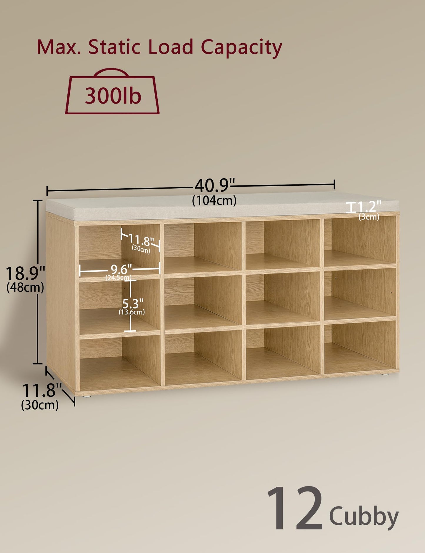 DINZI LVJ Shoe Storage Bench with Cushion, 12-Cubby Shoe Rack, Adjustable Shelves, 40.9" Long Shoe Organizer Bench for Entryway, Mudroom, Hallway, Garage, Natural and Cappuccino Beige