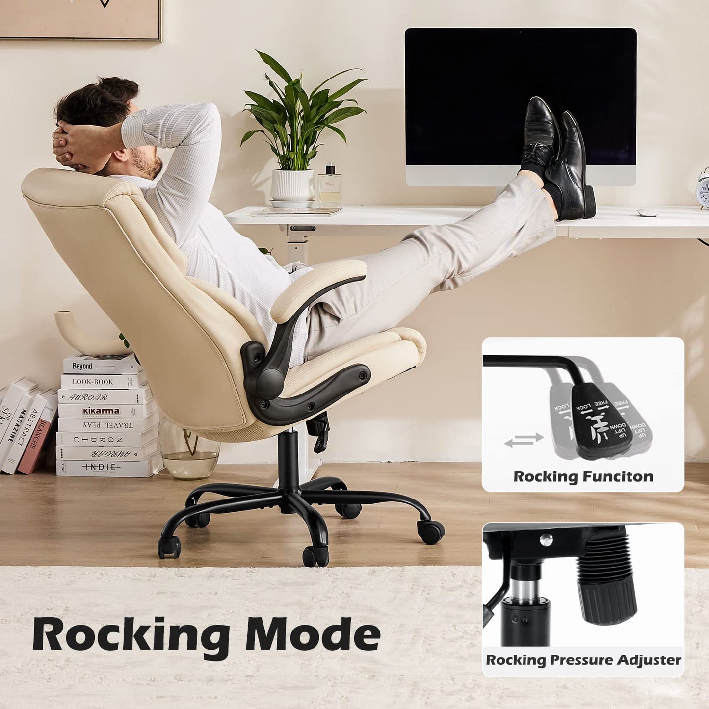 DUMOS Office Chair Set of 2 - Ergonomic Executive Computer Desk Chairs with Adjustable Flip-up Armrest, Swivel Task Chair with Lumbar Support, Strong Metal Base, PU Leather, Cream White