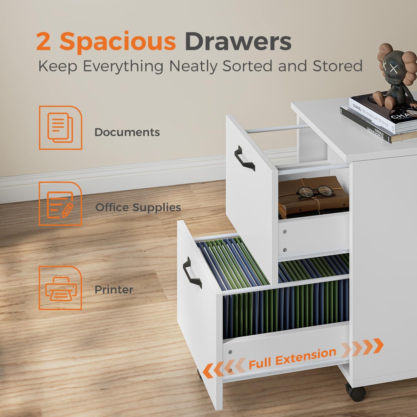 Sweetcrispy 2 Drawer Filing Cabinet White, Rolling Wood File Cabinets, Home Office Organizer, Under Desk Storage Lockable Wheels, Printer Stand, Storage Cabinet, White
