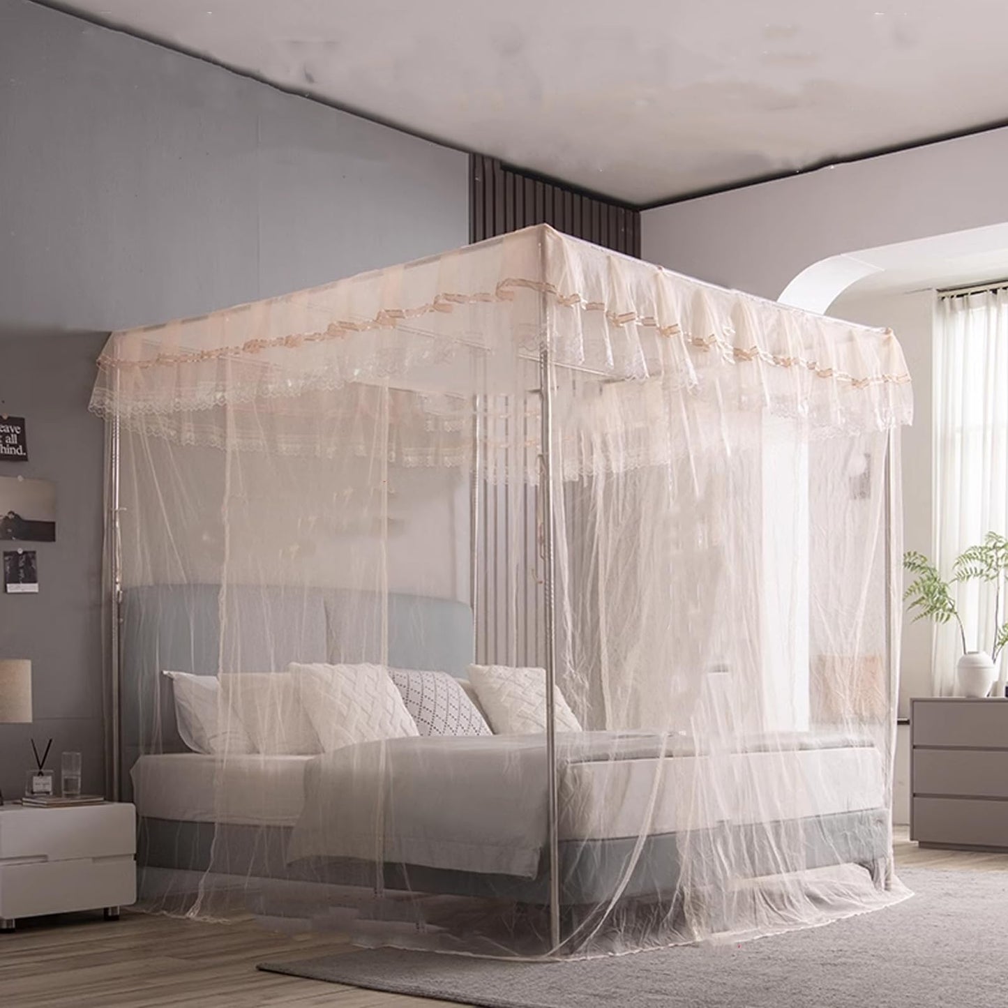 VELSKUD Canopy Bed Frame, Stainless Steel Bed Canopy with 4 Corner Canopy Poles