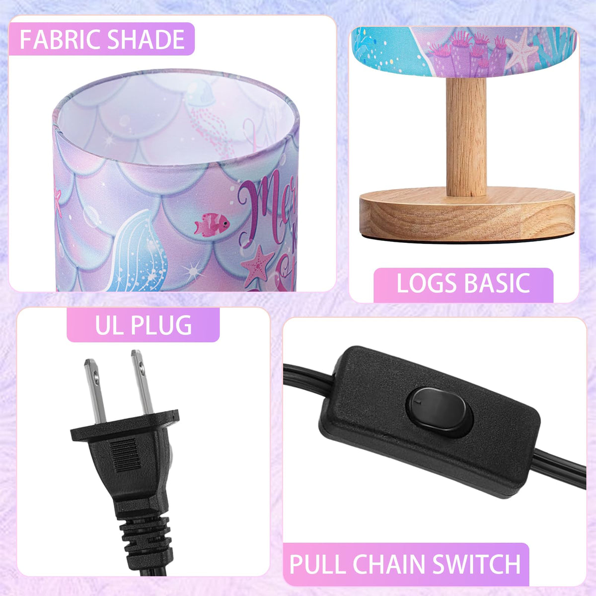 Tujoe Mermaid Lamps Summer Ocean Fabric Nightstand Table Lamp Purple Desk Lamp Bedside Gift Decor for Kids Reading Bedroom Living Room Home Christmas Gift