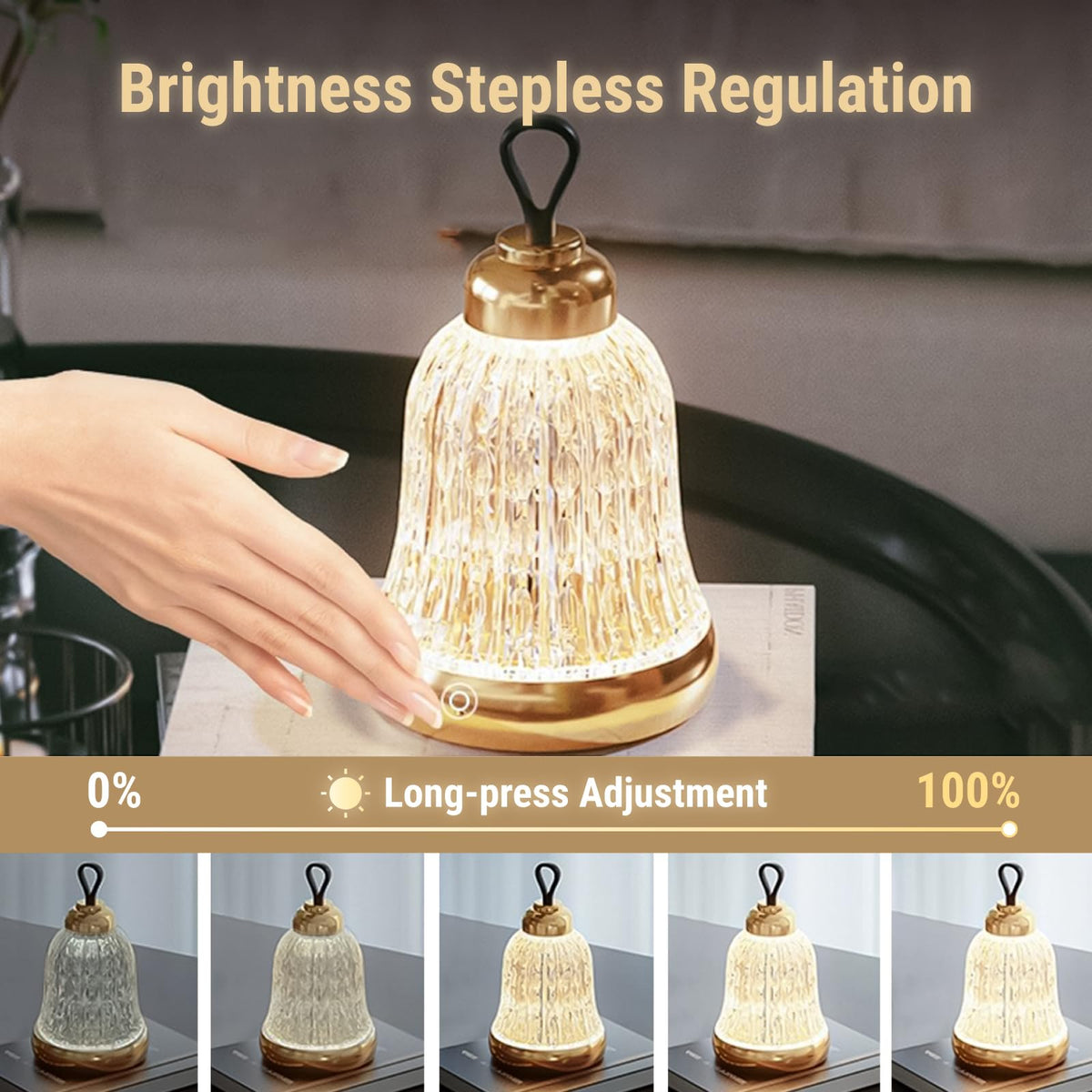 KOSTA Crystal Bell Table Lamp Rechargeable Crystal Lamp Christmas Bell Light for Decor Home Bedroom Kitchen Office Living Room Birthday Gift Lights for Bedroom/Party/Kids Room