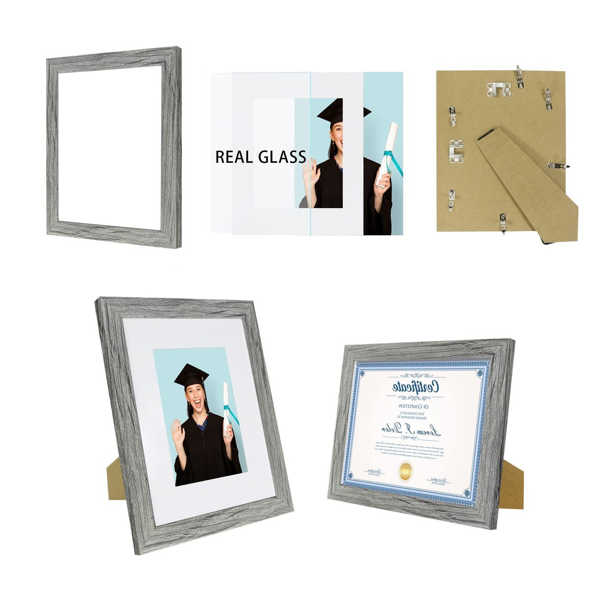 Hongkee 8.5 x 11 Picture Frame Set of 4, Made of Real Glass and Grey Certificate & Diploma Frame, 8.5 by 11 Photo for Wall or Tabletop - Display Picture 6x8 with Mat or 8.5x11 Without Mat