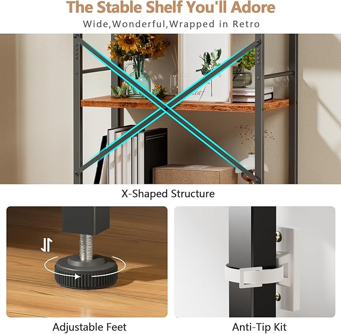 Furologee 5 Tier Book Shelf Set of 2, Tall Wide Bookshelf, Industrial Open