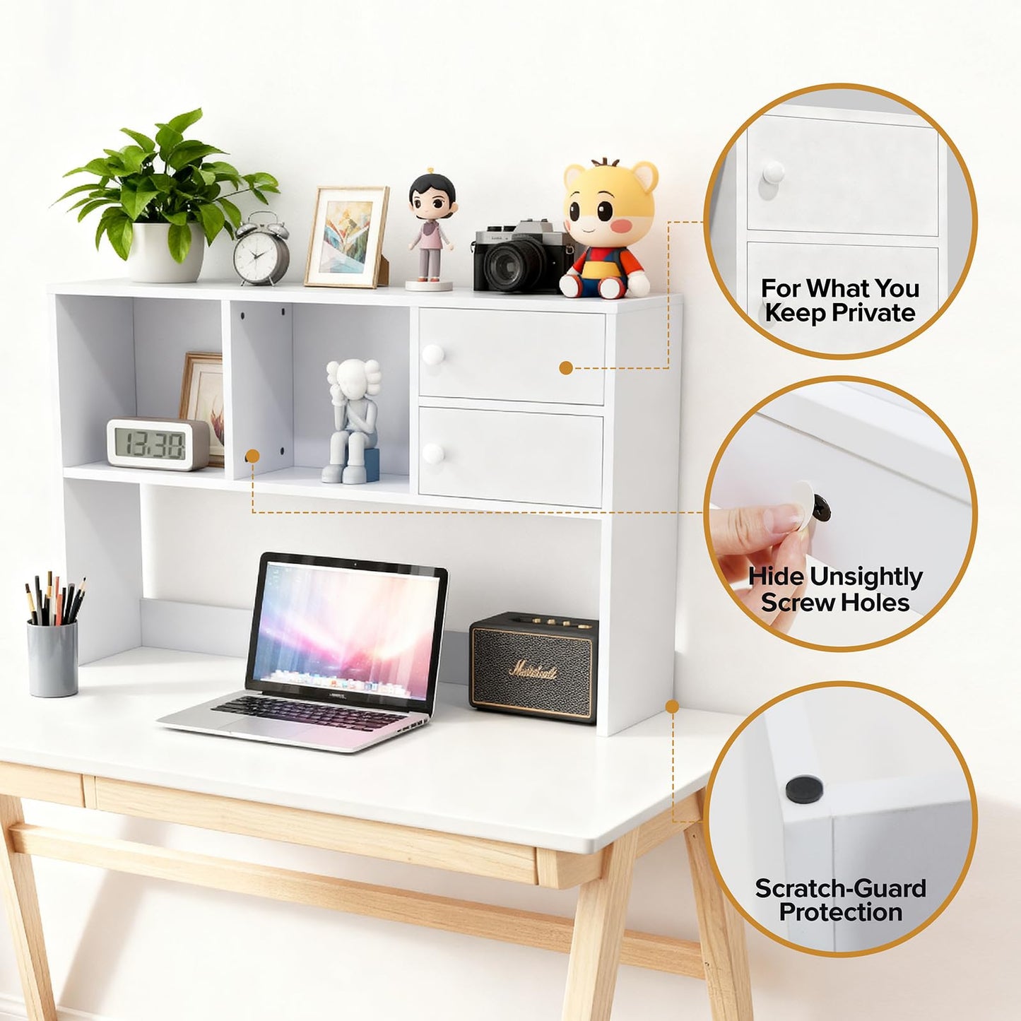 YGYQZ White Desk Hutch with 4 Storage Shelves, Desktop Bookshelf & Monitor Stand for Home Office, Space Saving Desk Organizer for Study Room, Dorm & Gaming Desk