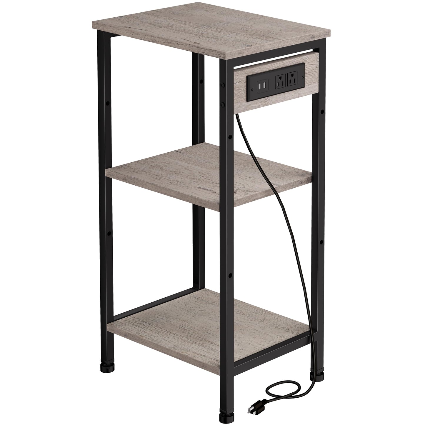 Asgolion Tall End Table with Charging Station, 3 Tier Narrow Beside Table with Adjustable Shelf, Tall Side Table Nightstand for Bedroom, Living Room Coffe Table, Office, Greige