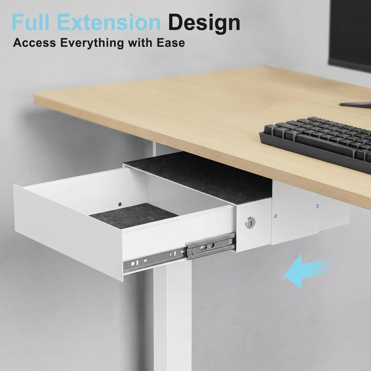 ERGO COLLECT Under Desk Slide Out, Lockable Steel Storage Drawer with Lock and Keys, Full-Extension Slides, Undermount Drawer for Home Office & Standing Desk, 13.8 Inch, White