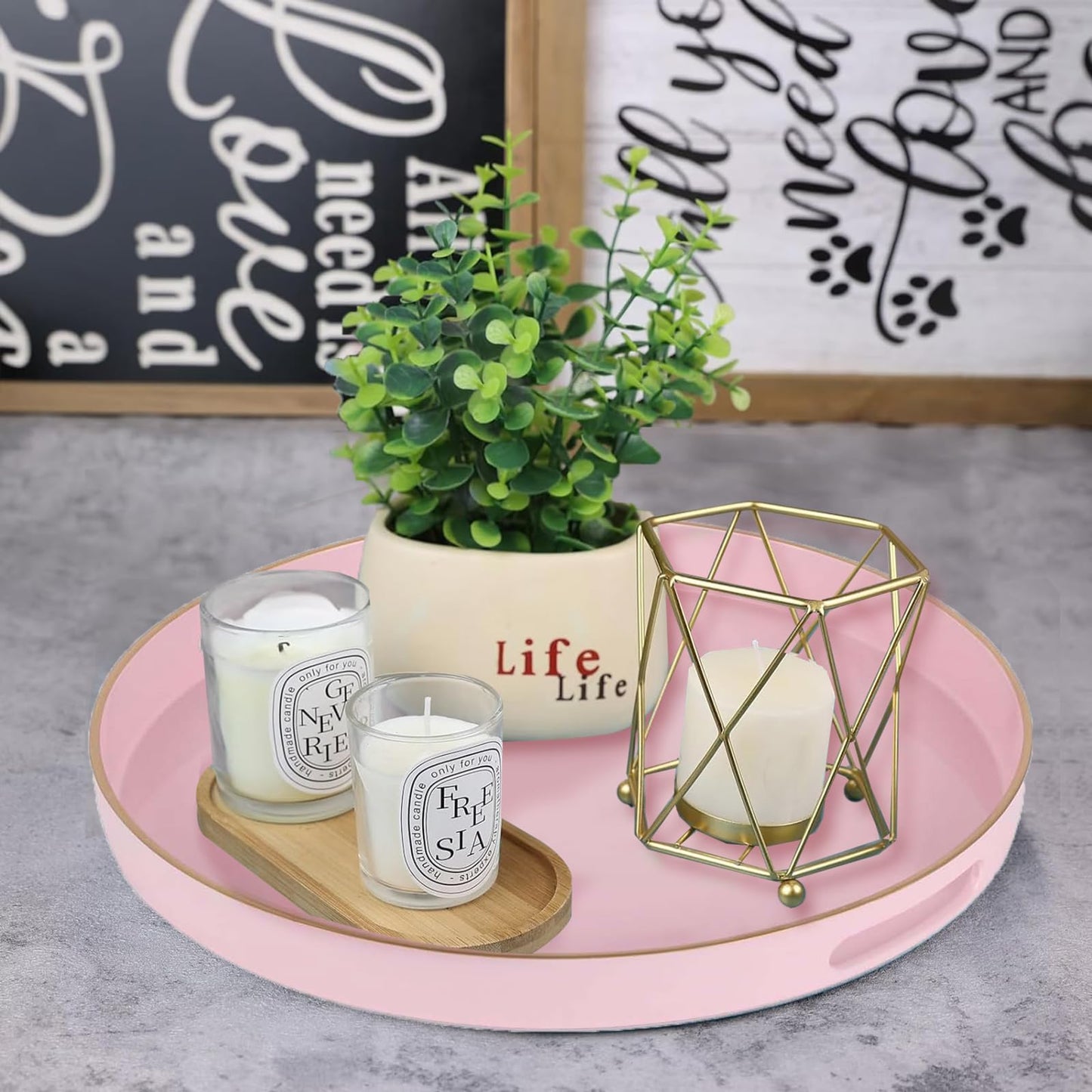 Fuukou Pink Decorative Tray,Elegant Round Plastic Serving Tray with Handles,Round Ottoman Trays Coffee Table Trays for Living Room,Home Decor 13"