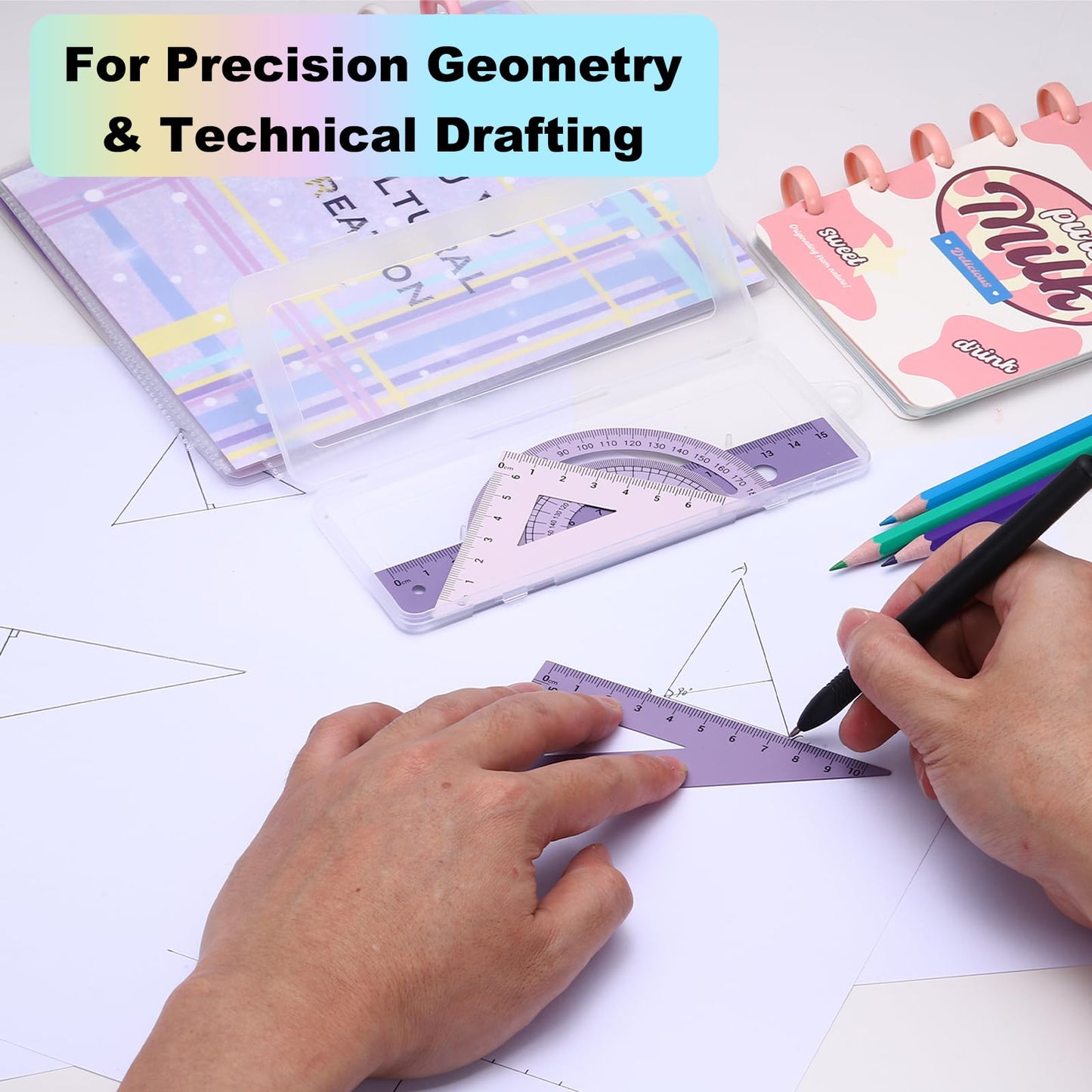 PATIKIL Geometry Set, 2 Pack 8 Inch Aluminum Ruler & 4 Triangles, Metal Protractor Ruler Math Drafting Measuring Tool for Home Office Math Drawing Engineering Art,Gradient Blue