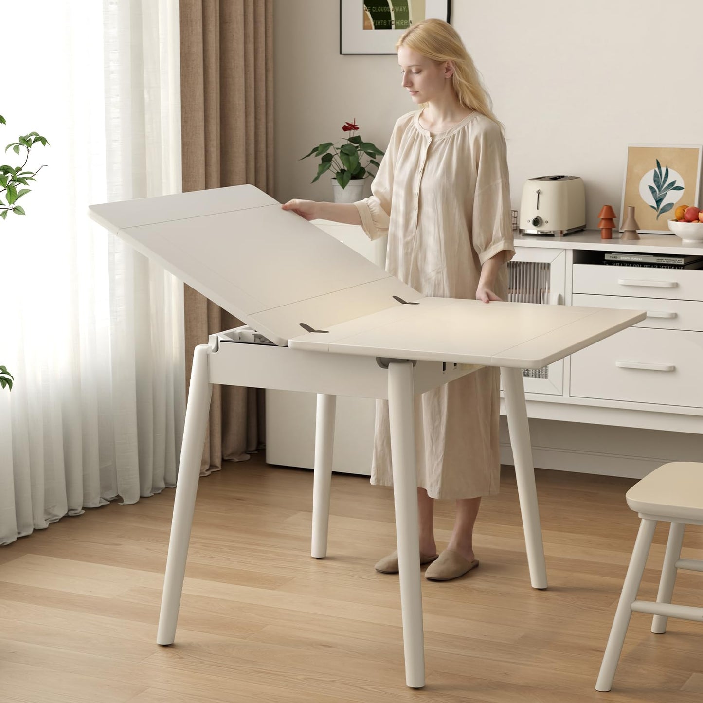 DONGMUWUJEE Solid Wood Small Dining Table for 2-6, 23.6"L-47.2"L Expandable Kitchen Table, Designed for Small Spaces, Easy Assembly, Suitable for Kitchen, Dining Room, Living Room, Apartment (White)